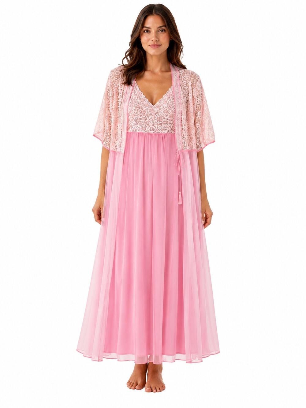 Vintage 1970s Berkliff Pink Peignoir Set Robe Gown Small USA